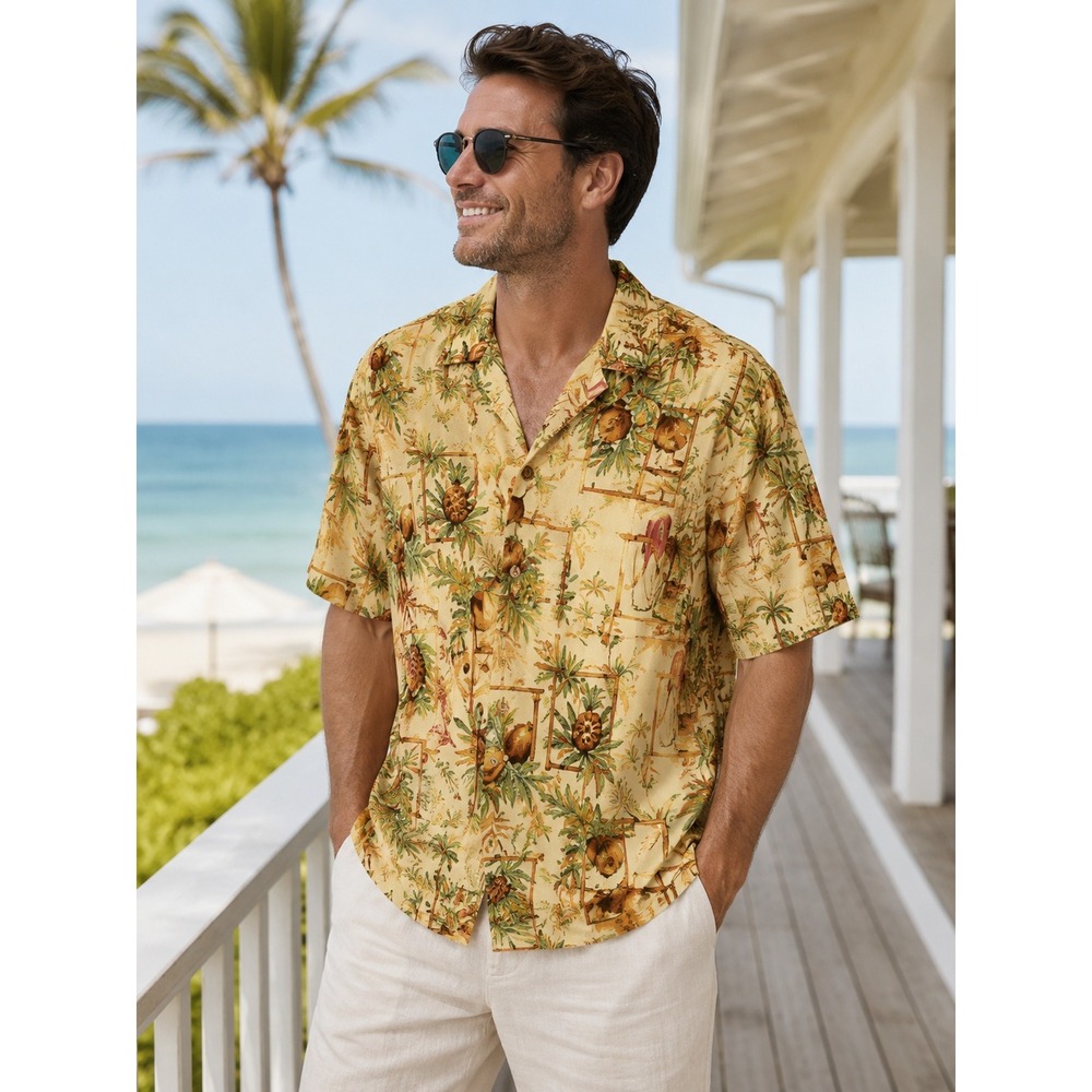 Ocean & Coast Mens XL Tropical Pineapple Coconut Hawaiian Button Down Shirt Tan